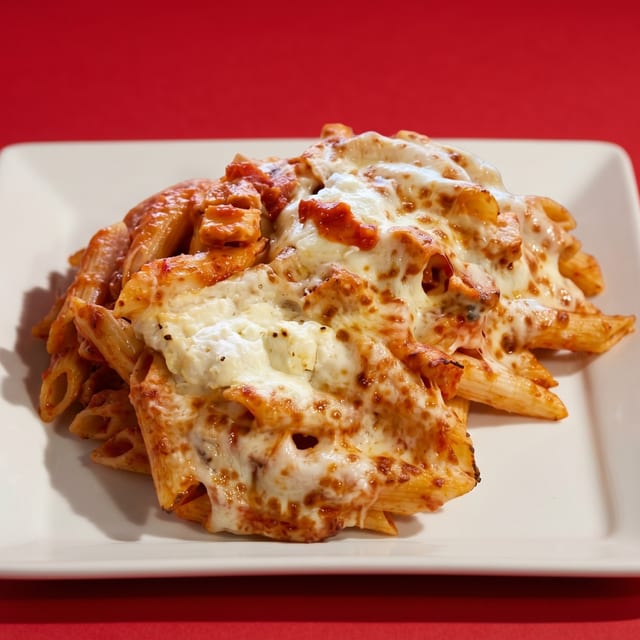 Baked Penne Parmigiana with Homemade Tomato Sauce, Smothered in Ricotta & Mozzarella Cheese.